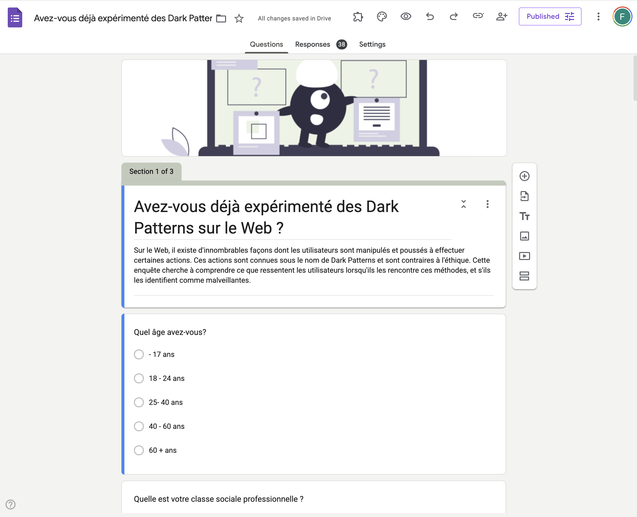 Dark patterns survey questionnaire in French asking users about their experience with deceptive design on the web