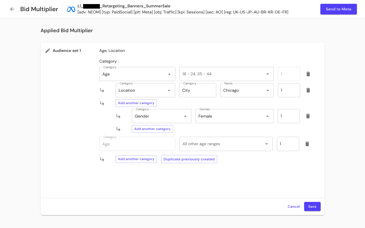 J+Bidding Bid Multiplier UI showing audience set configuration with demographic categories and Send to Meta action