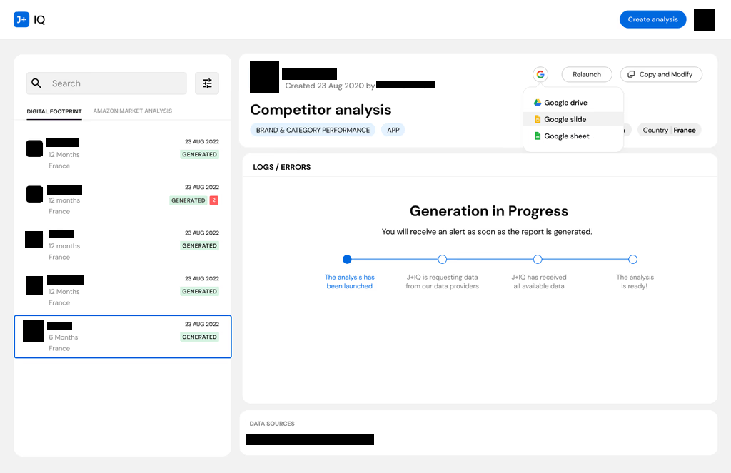 J+IQ dashboard showing analysis list with brand reports and generation progress tracker