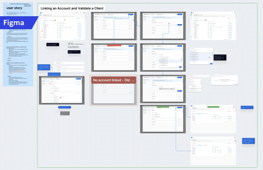 Figma workspace showing screen variants for account linking and client validation