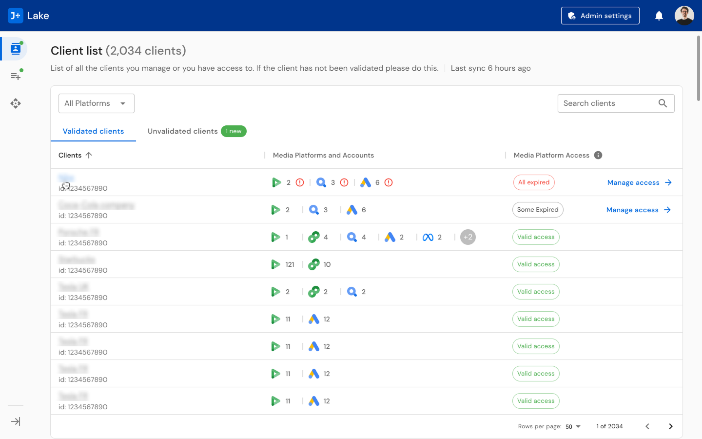 J+Lake client list showing 2,034 validated clients with platform connectors and access status