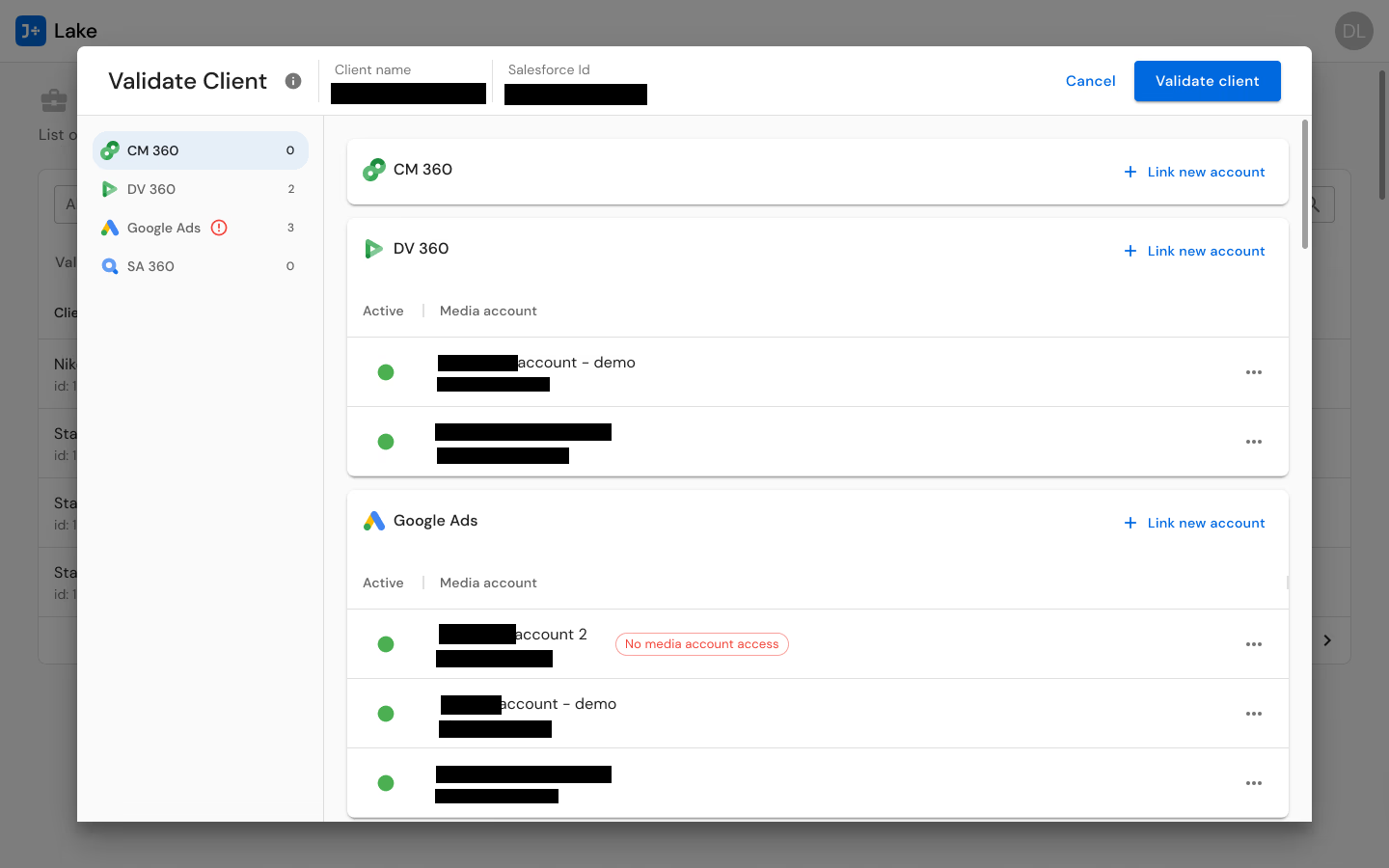 Client validation across CM360, DV360, Google Ads, SA360