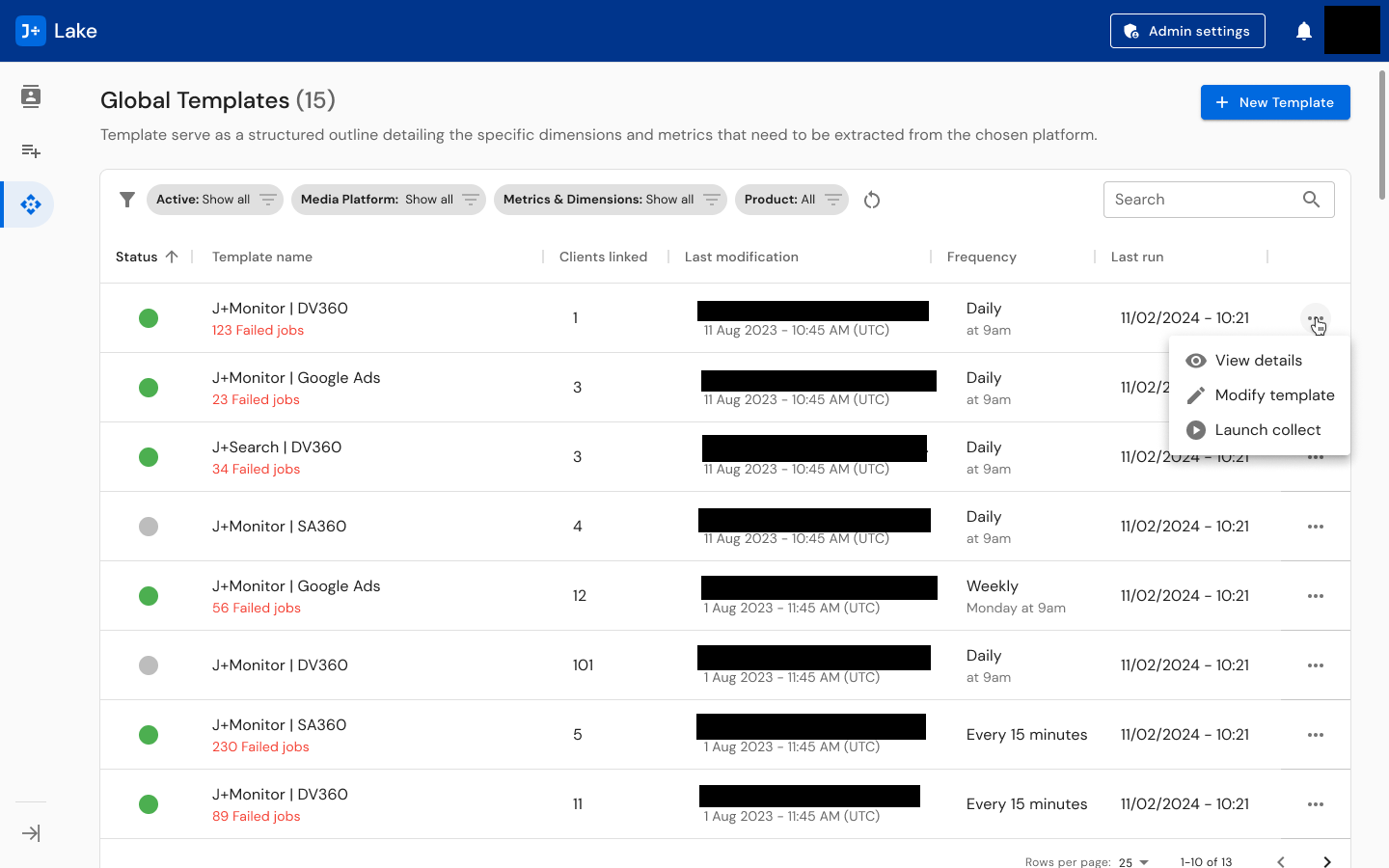 Homepage Templates wireframe showing template management system with filtering, linked clients (101 visible), and action menu
