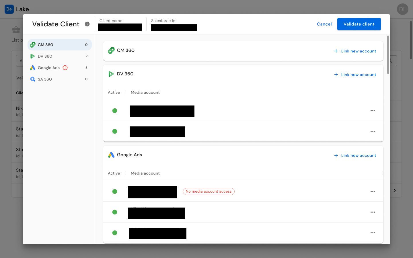 Validate Client wireframe showing multi-connector credential management across CM360, DV360, Google Ads, SA360