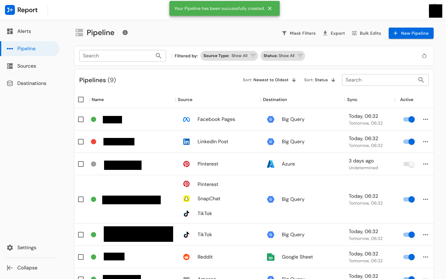 J+Report wireframe showing pipeline management homepage with data sources, destinations, sync status, and filtering