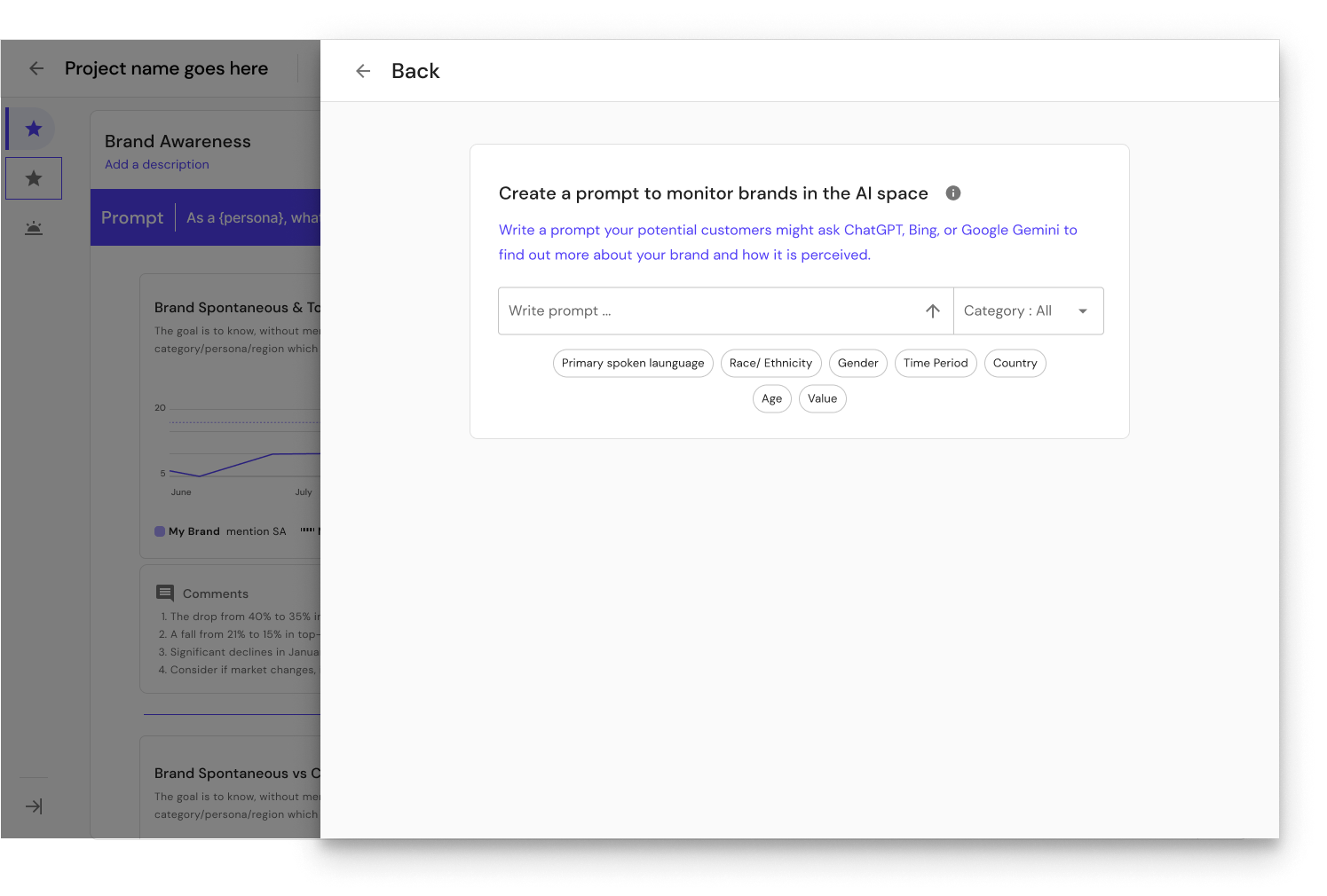 Prompts interface showing how users create AI monitoring prompts for brand tracking
